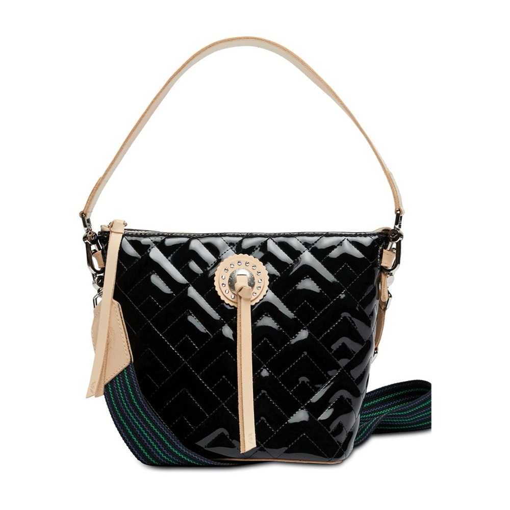Consuela Black Patent Quilted Bucket Bag with Beige Trim